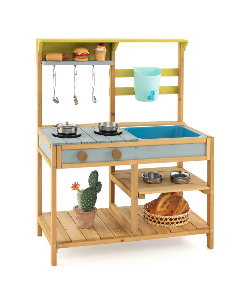Outdoor Kids Mud Kitchen with Faucet and Water Box - Natural - Play Kitchen Sets