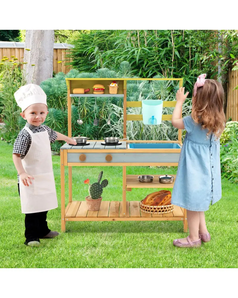 Outdoor Kids Mud Kitchen with Faucet and Water Box - Natural - Play Kitchen Sets