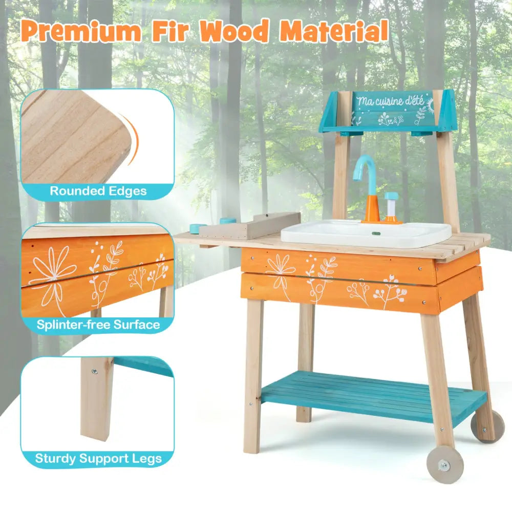Outdoor Kids Play Kitchen Set Wooden Toy Kitchen Playset with Removable Sink-Orange - Orange - Play Kitchen Sets