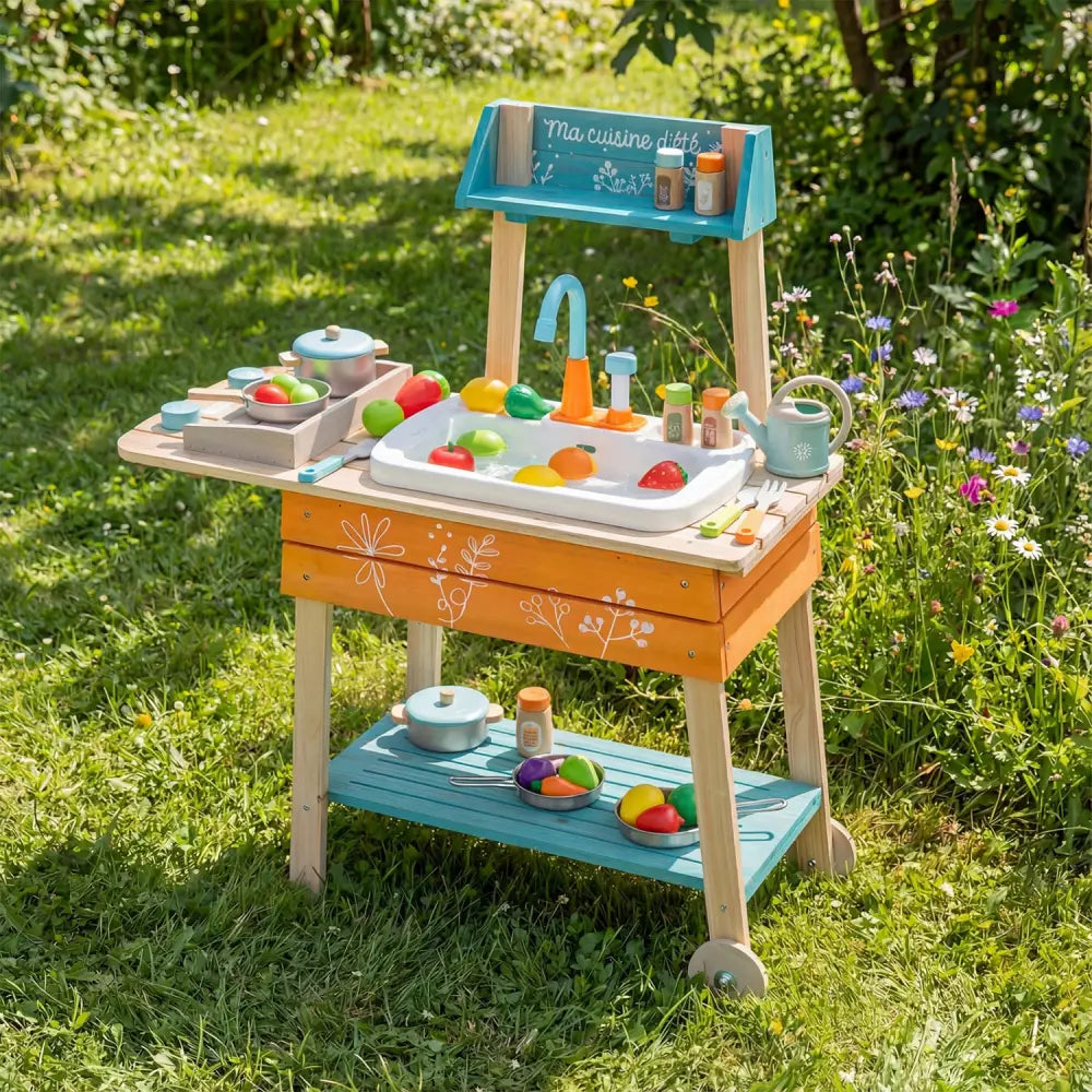 Outdoor Kids Play Kitchen Set Wooden Toy Kitchen Playset with Removable Sink-Orange - Orange - Play Kitchen Sets