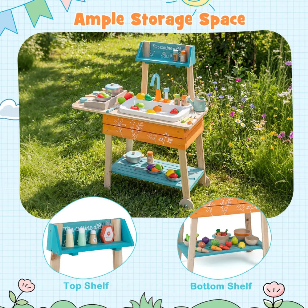 Outdoor Kids Play Kitchen Set Wooden Toy Kitchen Playset with Removable Sink-Orange - Orange - Play Kitchen Sets