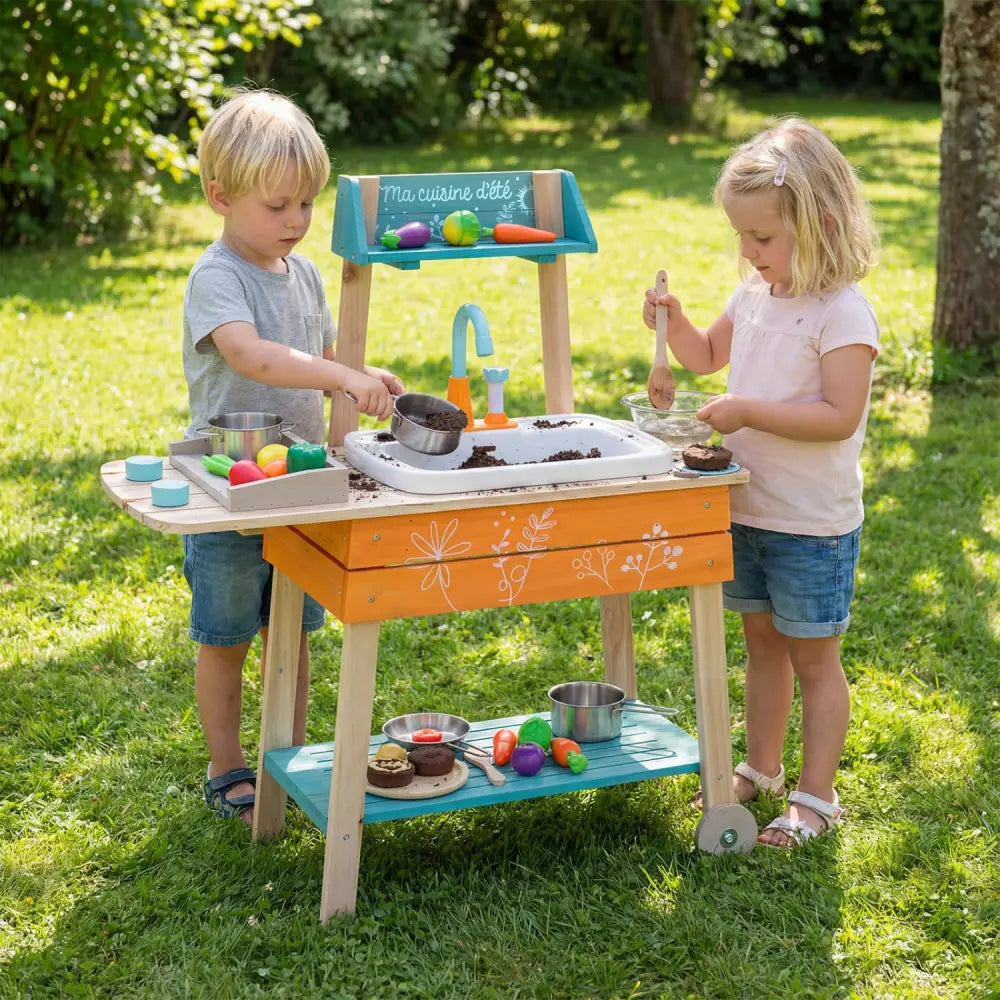 Outdoor Kids Play Kitchen Set Wooden Toy Kitchen Playset with Removable Sink-Orange - Orange - Play Kitchen Sets