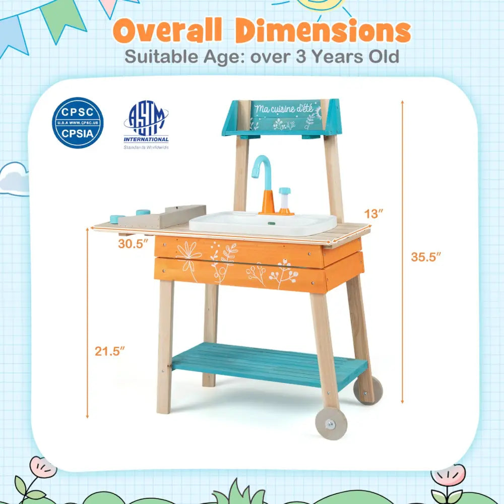 Outdoor Kids Play Kitchen Set Wooden Toy Kitchen Playset with Removable Sink-Orange - Orange - Play Kitchen Sets