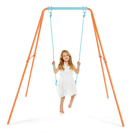 Outdoor Kids Swing Set with Heavy-Duty Metal A-Frame and Ground Stakes-Orange - Orange - Swing & Playsets