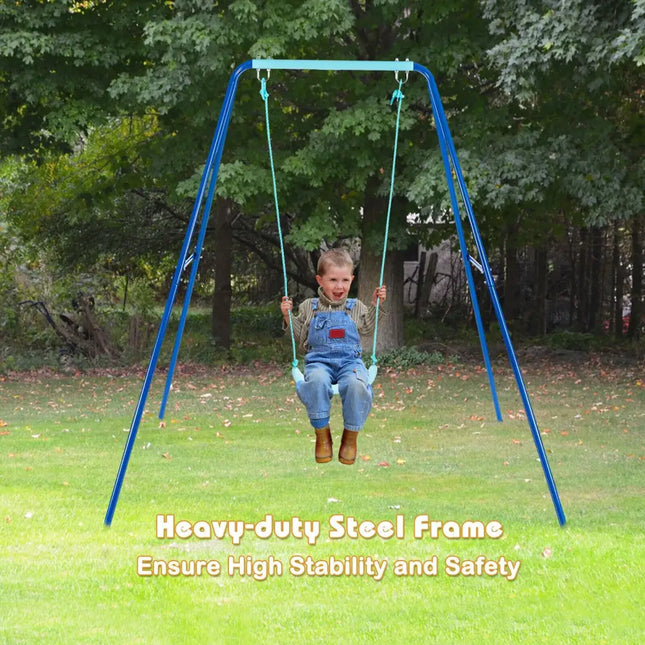 Outdoor Kids Swing Set with Heavy-Duty Metal A-Frame and Ground Stakes-Blue - Blue - Swing & Playsets