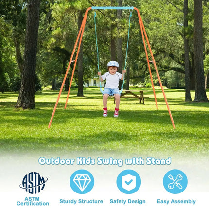 Outdoor Kids Swing Set with Heavy-Duty Metal A-Frame and Ground Stakes-Orange - Orange - Swing & Playsets