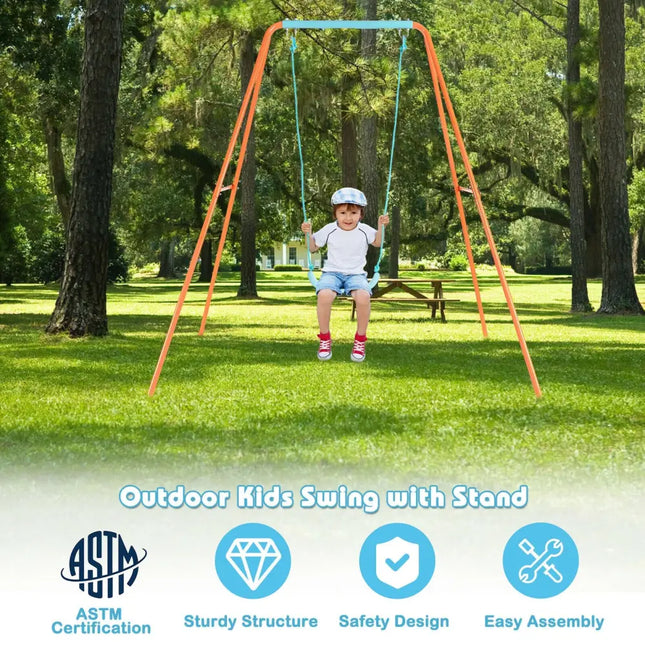 Outdoor Kids Swing Set with Heavy-Duty Metal A-Frame and Ground Stakes-Orange - Orange - Swing & Playsets
