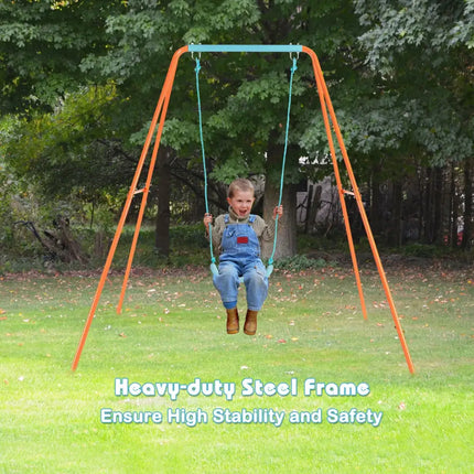 Outdoor Kids Swing Set with Heavy-Duty Metal A-Frame and Ground Stakes-Orange - Orange - Swing & Playsets