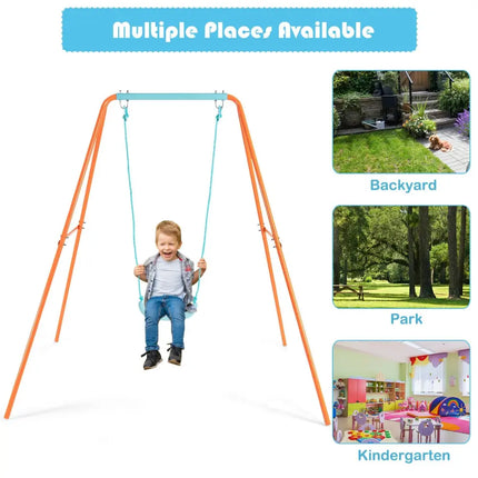 Outdoor Kids Swing Set with Heavy-Duty Metal A-Frame and Ground Stakes-Orange - Orange - Swing & Playsets
