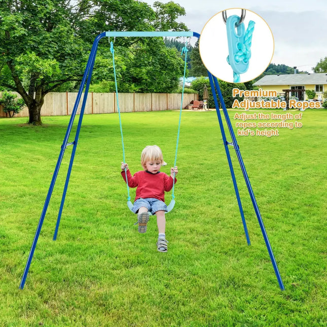 Outdoor Kids Swing Set with Heavy-Duty Metal A-Frame and Ground Stakes-Blue - Blue - Swing & Playsets