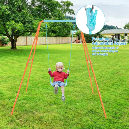 Outdoor Kids Swing Set with Heavy-Duty Metal A-Frame and Ground Stakes-Orange - Orange - Swing & Playsets
