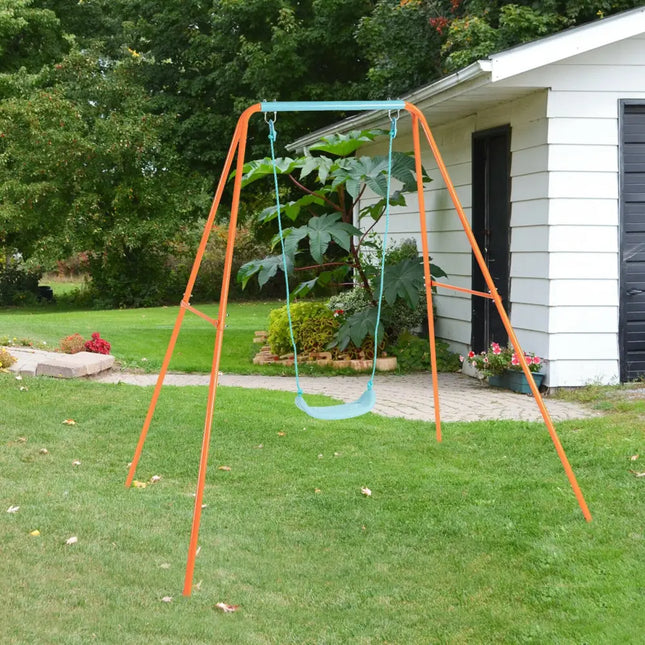 Outdoor Kids Swing Set with Heavy-Duty Metal A-Frame and Ground Stakes-Orange - Orange - Swing & Playsets