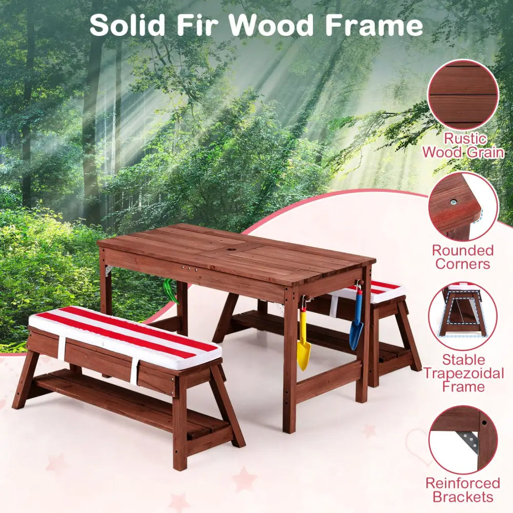 Outdoor Kids Wooden Picnic Table and Benches Set with Umbrella-Red - Red - Kids Table & Chair Sets