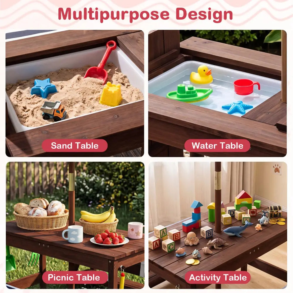 Outdoor Kids Wooden Picnic Table and Benches Set with Umbrella-Red - Red - Kids Table & Chair Sets