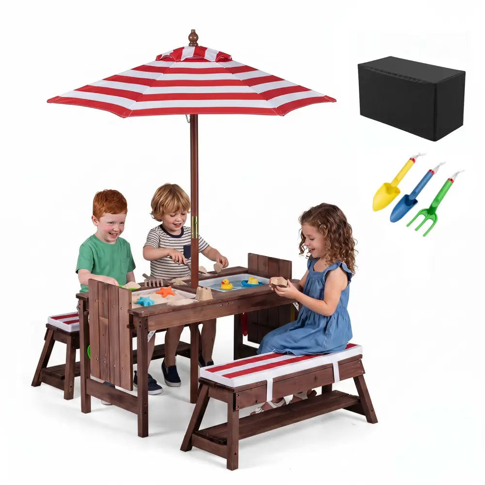 Outdoor Kids Wooden Picnic Table and Benches Set with Umbrella-Red - Red - Kids Table & Chair Sets