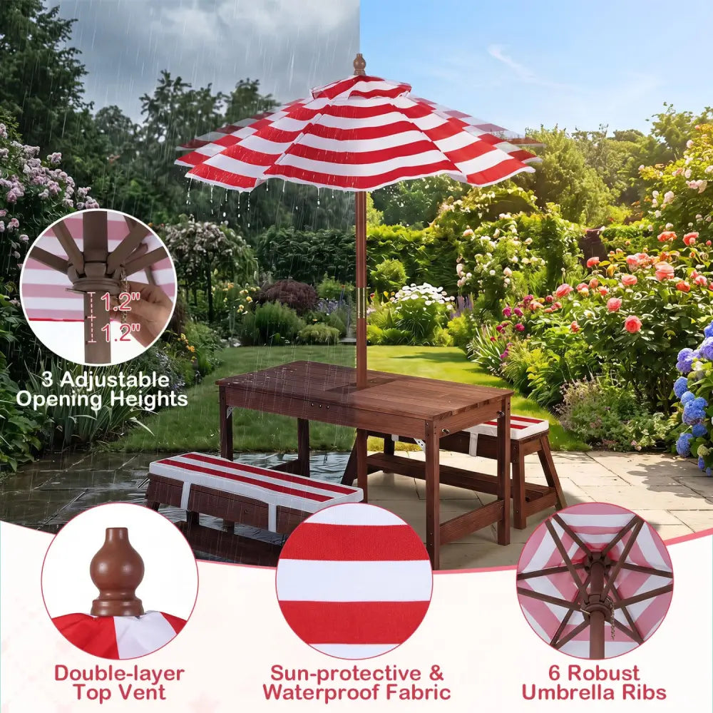 Outdoor Kids Wooden Picnic Table and Benches Set with Umbrella-Red - Red - Kids Table & Chair Sets