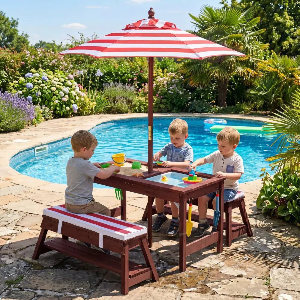 Outdoor Kids Wooden Picnic Table and Benches Set with Umbrella-Red - Red - Kids Table & Chair Sets