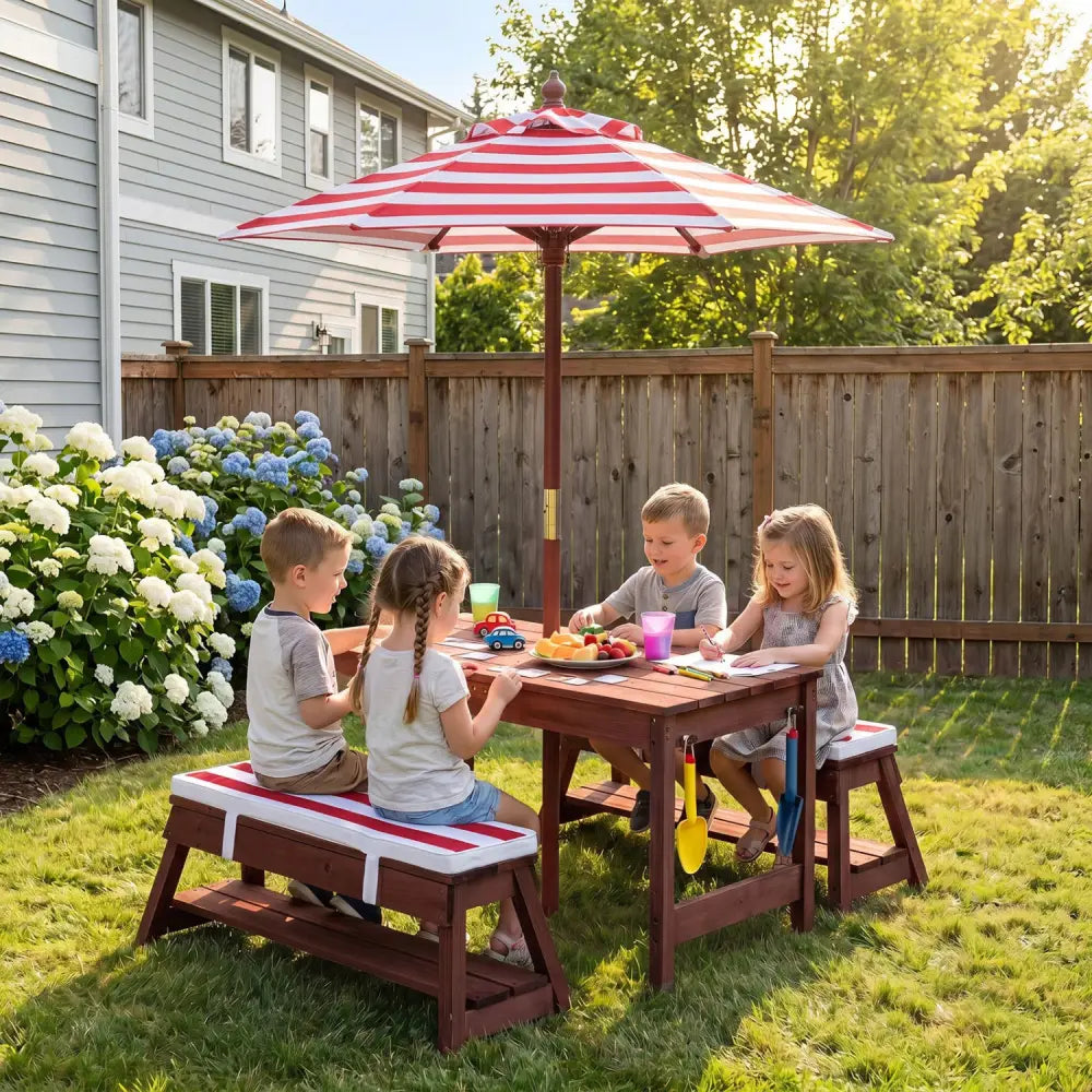 Outdoor Kids Wooden Picnic Table and Benches Set with Umbrella-Red - Red - Kids Table & Chair Sets