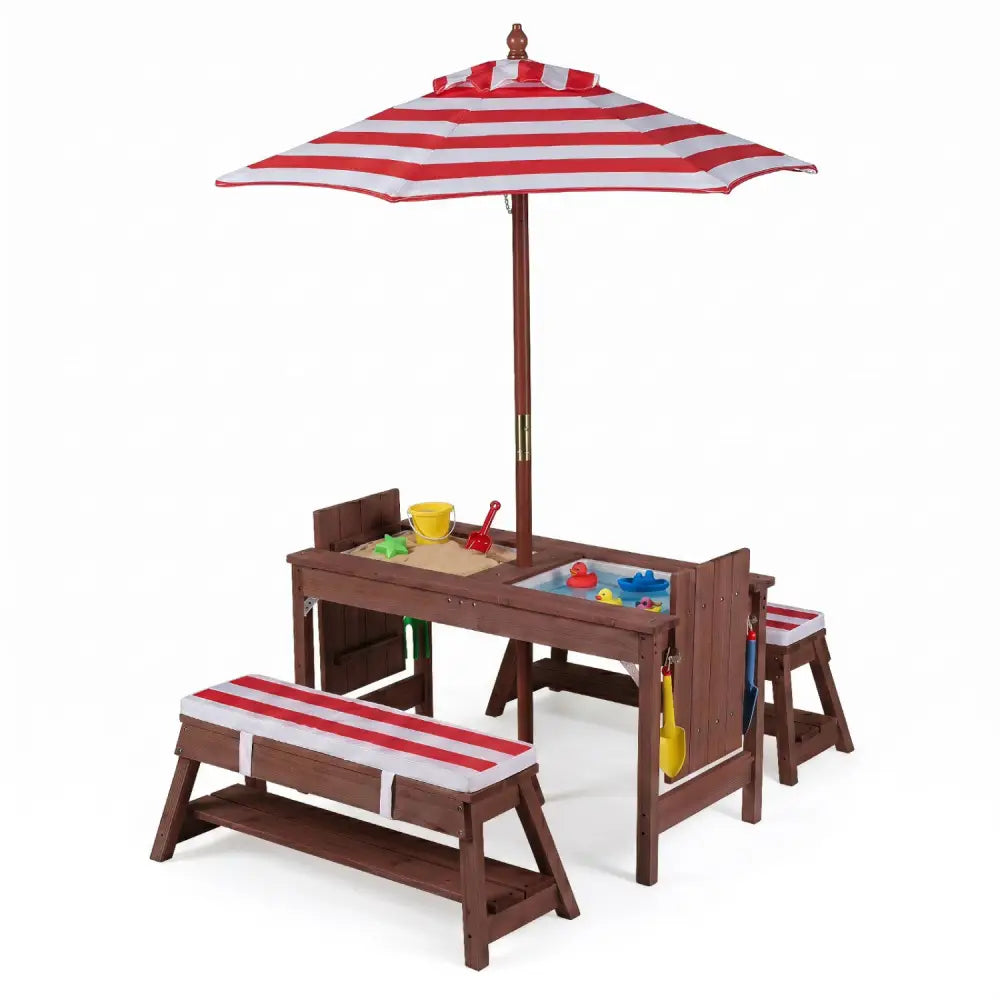 Outdoor Kids Wooden Picnic Table and Benches Set with Umbrella-Red - Red - Kids Table & Chair Sets