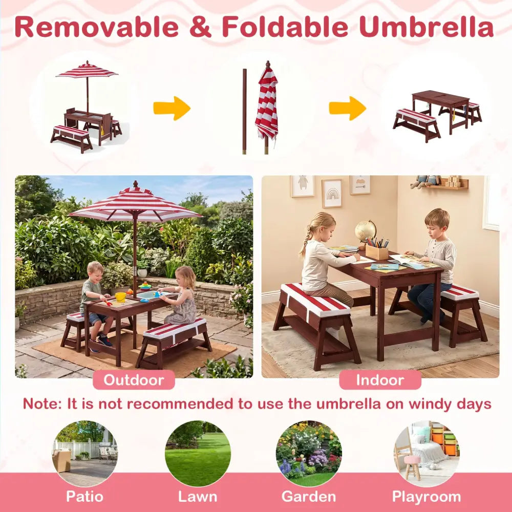 Outdoor Kids Wooden Picnic Table and Benches Set with Umbrella-Red - Red - Kids Table & Chair Sets