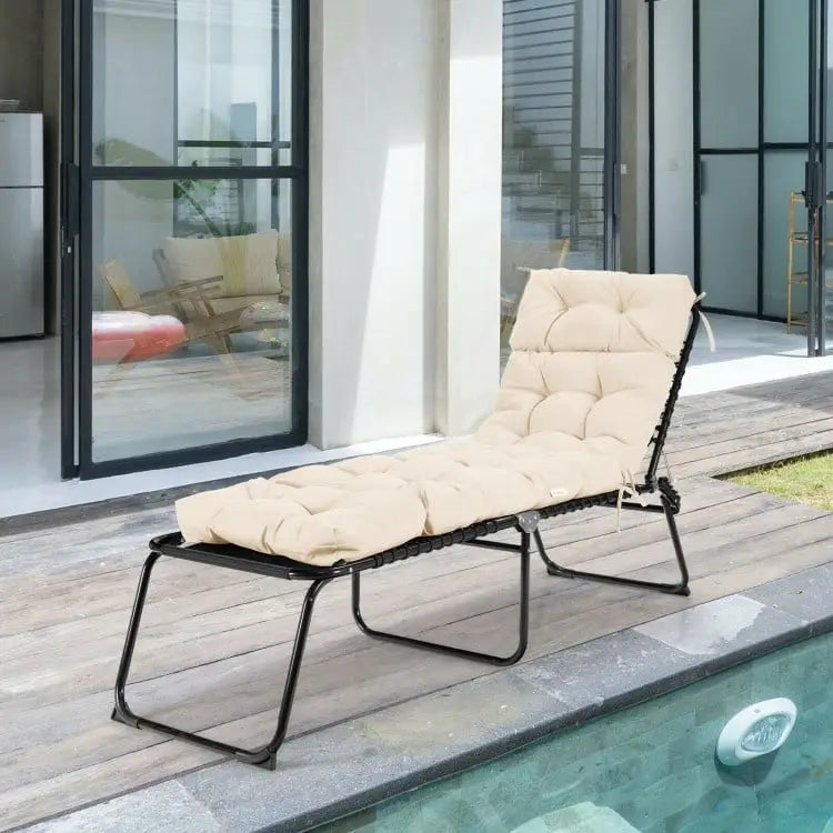 Outdoor Lounge Chaise Cushion with String Ties for Garden Poolside-Beige - Beige - Outdoor Furniture Accessories