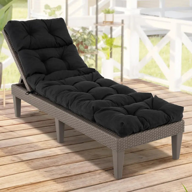 Outdoor Lounge Chaise Cushion with String Ties for Garden Poolside-Black - Black - Outdoor Furniture Accessories