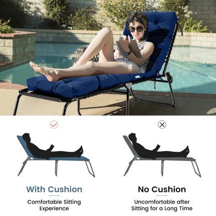 Outdoor Lounge Chaise Cushion with String Ties for Garden Poolside-Navy - Navy - Outdoor Furniture Accessories