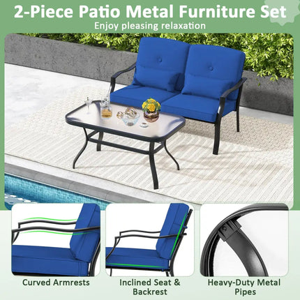Outdoor Loveseat Chair Set with Coffee Table and Seat Back Cushions-Navy - Navy - Patio Conversation Sets