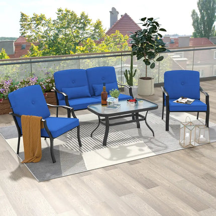 Outdoor Loveseat Chair Set with Coffee Table and Seat Back Cushions-Navy - Navy - Patio Conversation Sets
