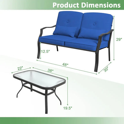 Outdoor Loveseat Chair Set with Coffee Table and Seat Back Cushions-Navy - Navy - Patio Conversation Sets