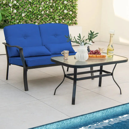Outdoor Loveseat Chair Set with Coffee Table and Seat Back Cushions-Navy - Navy - Patio Conversation Sets