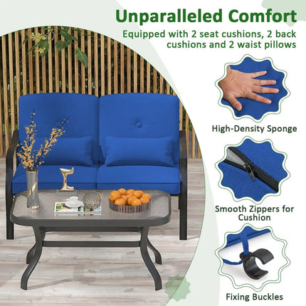 Outdoor Loveseat Chair Set with Coffee Table and Seat Back Cushions-Navy - Navy - Patio Conversation Sets