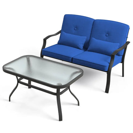 Outdoor Loveseat Chair Set with Coffee Table and Seat Back Cushions-Navy - Navy - Patio Conversation Sets