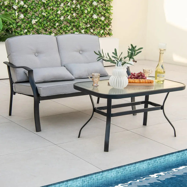 Outdoor Loveseat Chair Set with Tempered Glass Coffee Table - Gray - Patio Conversation Sets