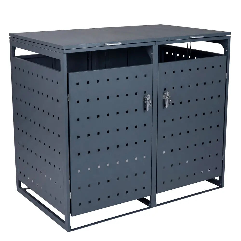 Outdoor Metal Garbage Bin Storage Shed for 2 Trash Cans Double Trash Can Enclosure-Gray - Gray - Sheds & Outdoor Storage