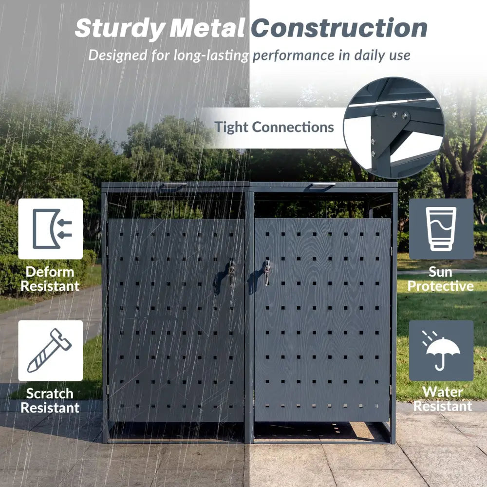 Outdoor Metal Garbage Bin Storage Shed for 2 Trash Cans Double Trash Can Enclosure-Gray - Gray - Sheds & Outdoor Storage