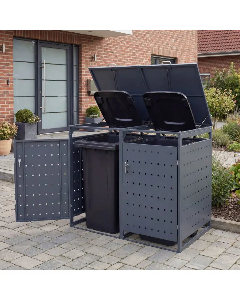 Outdoor Metal Garbage Bin Storage Shed for 2 Trash Cans Double Trash Can Enclosure-Gray - Gray - Sheds & Outdoor Storage