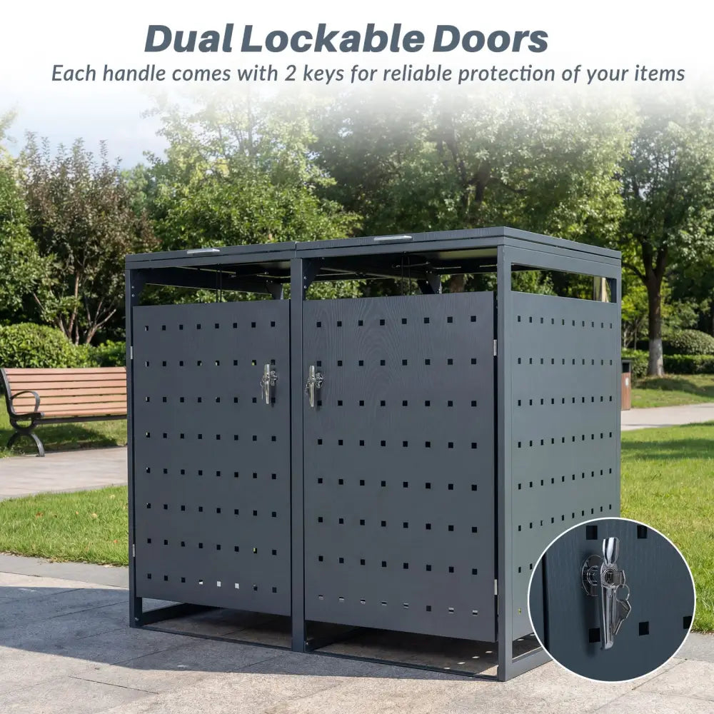 Outdoor Metal Garbage Bin Storage Shed for 2 Trash Cans Double Trash Can Enclosure-Gray - Gray - Sheds & Outdoor Storage