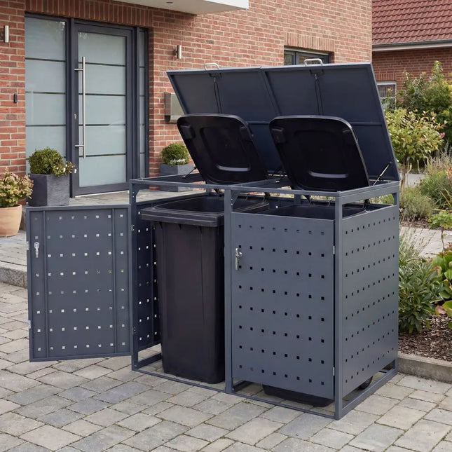 Outdoor Metal Garbage Bin Storage Shed for 2 Trash Cans Double Trash Can Enclosure-Gray - Gray - Sheds & Outdoor Storage