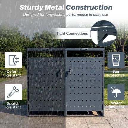 Outdoor Metal Garbage Bin Storage Shed for 2 Trash Cans Double Trash Can Enclosure-Gray - Gray - Sheds & Outdoor Storage