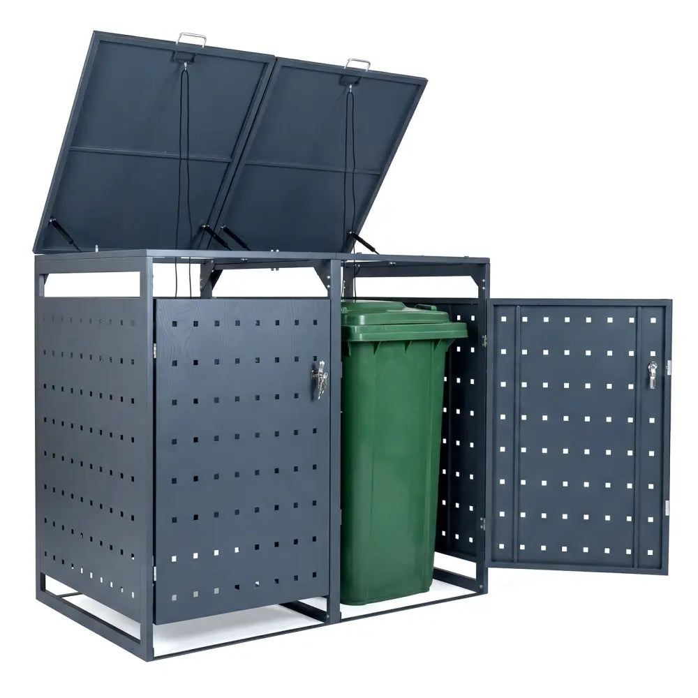 Outdoor Metal Garbage Bin Storage Shed for 2 Trash Cans Double Trash Can Enclosure-Gray - Gray - Sheds & Outdoor Storage