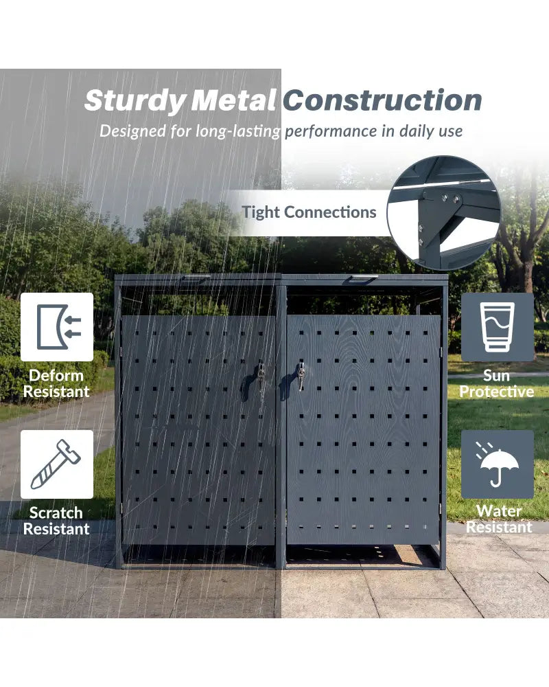 Outdoor Metal Garbage Bin Storage Shed for 2 Trash Cans Double Trash Can Enclosure-Gray - Gray - Sheds & Outdoor Storage
