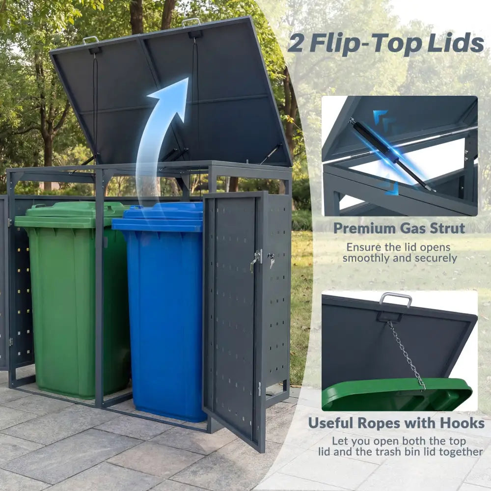 Outdoor Metal Garbage Bin Storage Shed for 2 Trash Cans Double Trash Can Enclosure-Gray - Gray - Sheds & Outdoor Storage