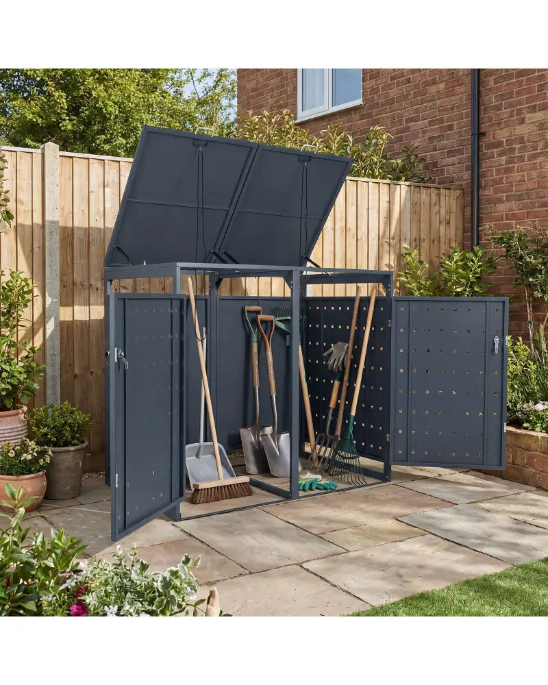 Outdoor Metal Garbage Bin Storage Shed for 2 Trash Cans Double Trash Can Enclosure-Gray - Gray - Sheds & Outdoor Storage
