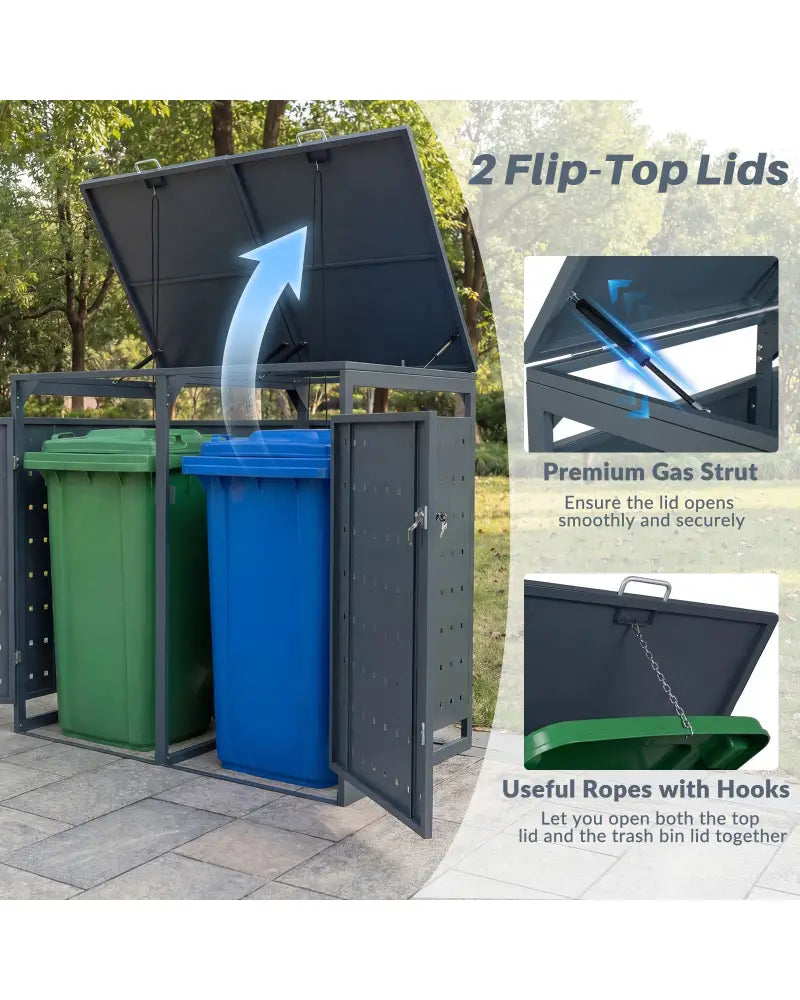 Outdoor Metal Garbage Bin Storage Shed for 2 Trash Cans Double Trash Can Enclosure-Gray - Gray - Sheds & Outdoor Storage