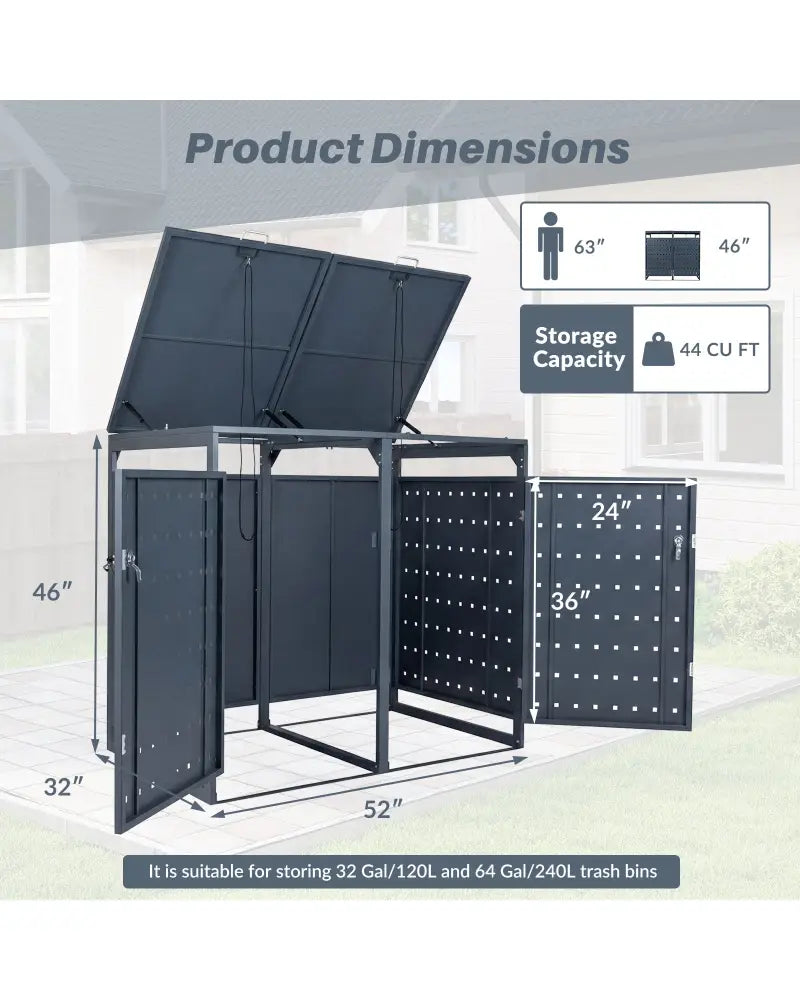 Outdoor Metal Garbage Bin Storage Shed for 2 Trash Cans Double Trash Can Enclosure-Gray - Gray - Sheds & Outdoor Storage