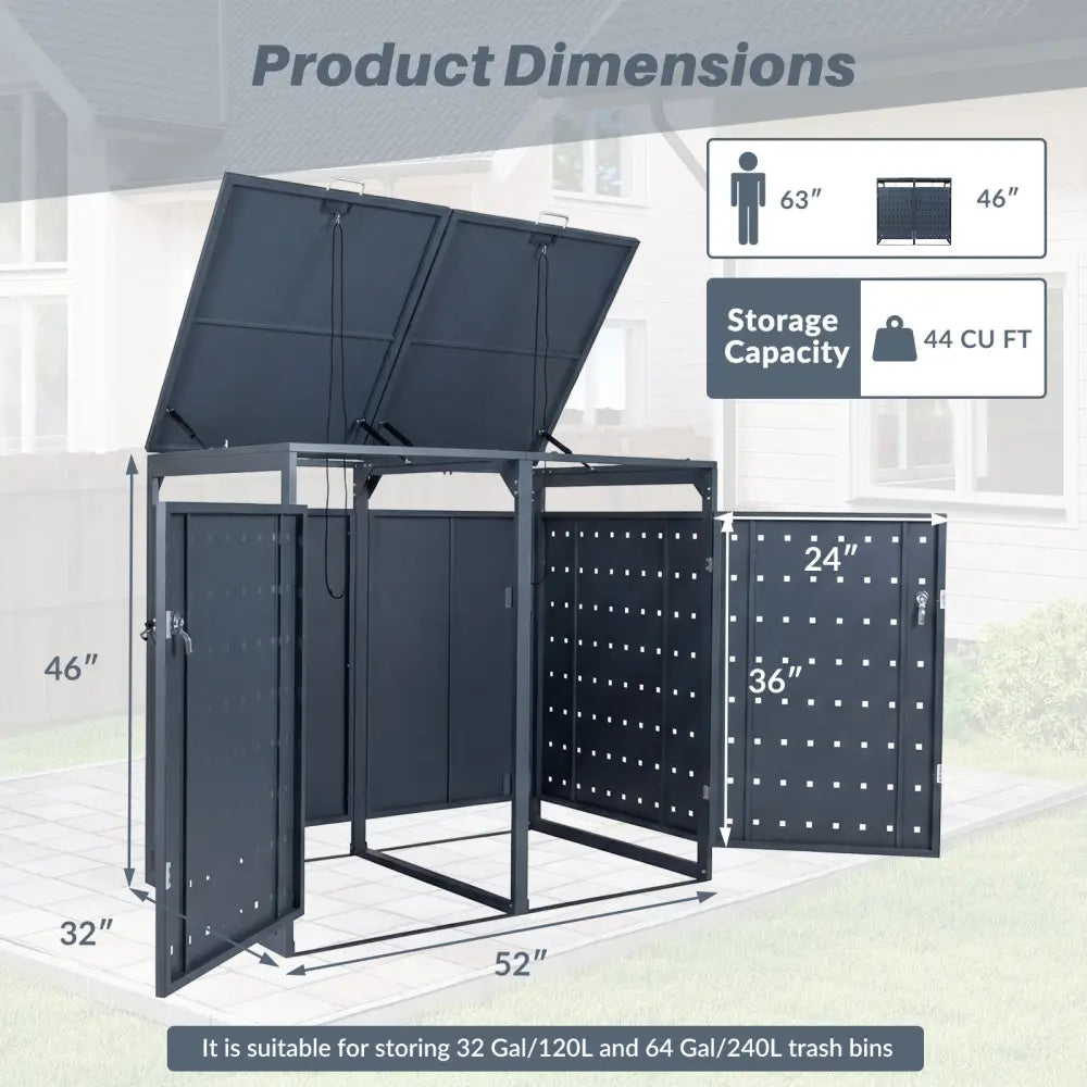 Outdoor Metal Garbage Bin Storage Shed for 2 Trash Cans Double Trash Can Enclosure-Gray - Gray - Sheds & Outdoor Storage
