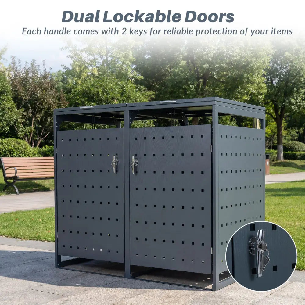 Outdoor Metal Garbage Bin Storage Shed for 2 Trash Cans Double Trash Can Enclosure-Gray - Gray - Sheds & Outdoor Storage