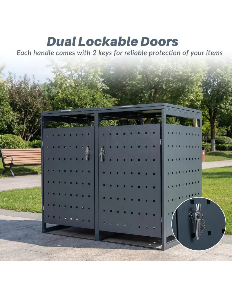 Outdoor Metal Garbage Bin Storage Shed for 2 Trash Cans Double Trash Can Enclosure-Gray - Gray - Sheds & Outdoor Storage