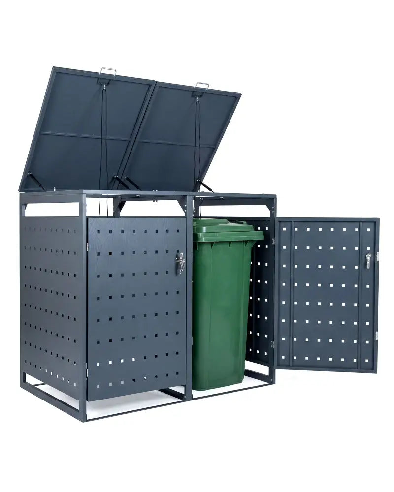 Outdoor Metal Garbage Bin Storage Shed for 2 Trash Cans Double Trash Can Enclosure-Gray - Gray - Sheds & Outdoor Storage